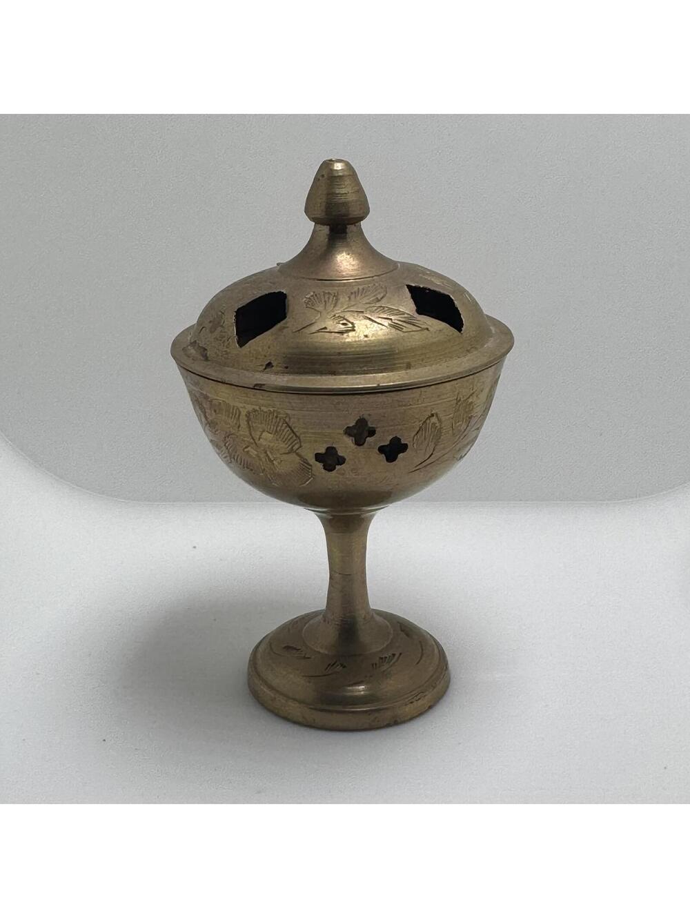 Vintage Brass Incense Burner Floral Etched Cutout India MCM Decor Engraved
